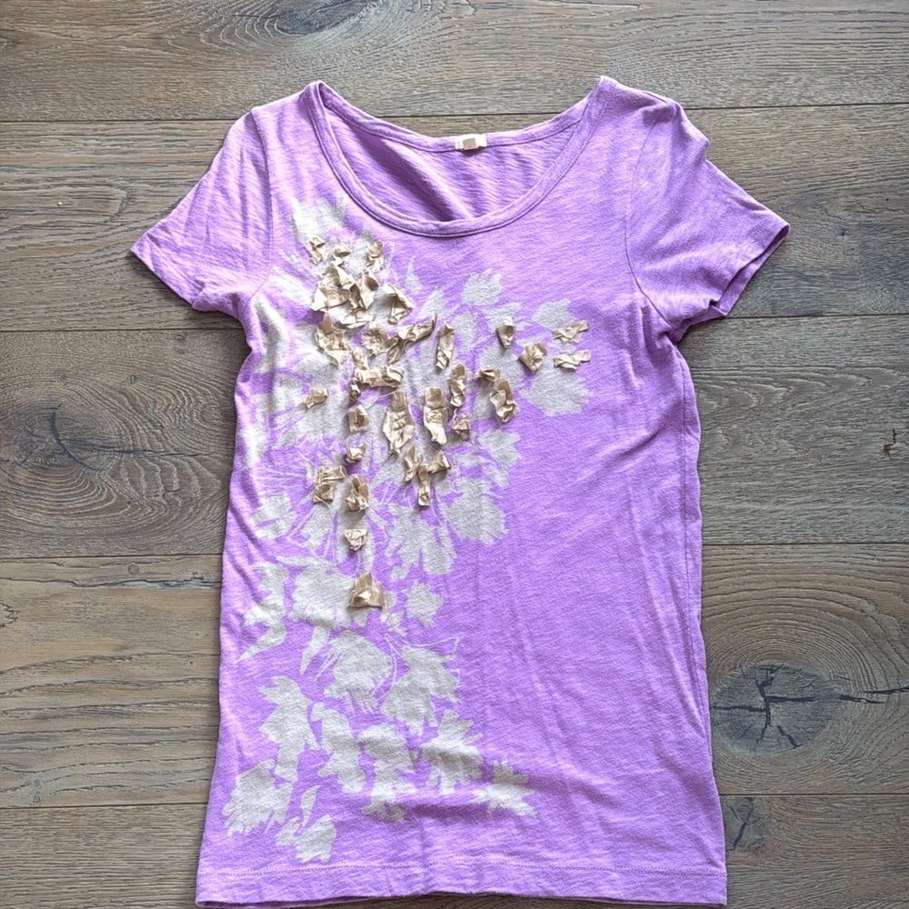 J Crew Lilac Taupe Floral Embellished Lightweight 💯 Cotton Short Sleeve TShirt S